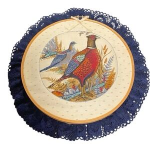 Vintage Decor Fabric Wall Hanging Embroidery Hoop Quilted Handmade Pheasants